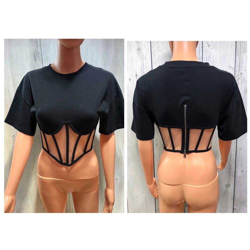 RtA Angelo Corset Top Black Mesh Boned Sheer Panel Crop Top Tee‎ Size Small